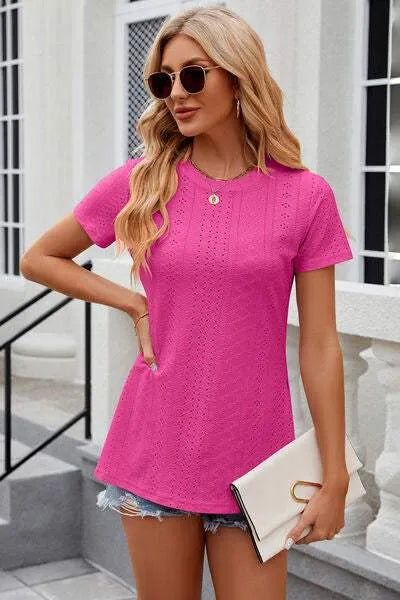 Eyelet Slit Round Neck Short Sleeve T-Shirt Women's T-Shirts - Tophatter Daily Deals